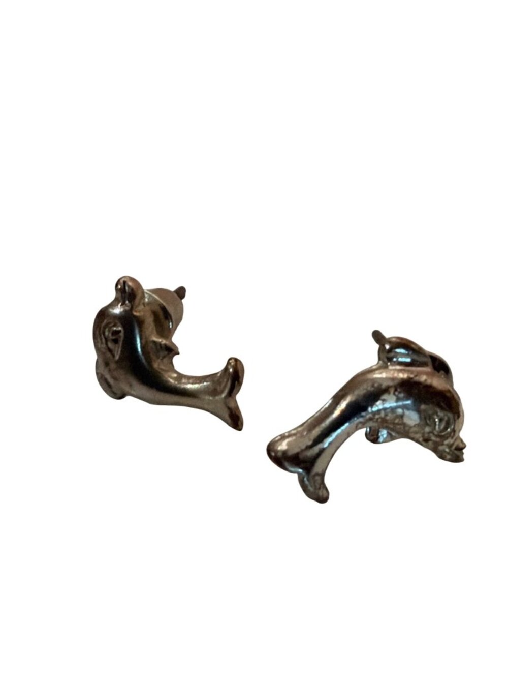 Dolphin Shaped Metal Stud Earrings Dainty Minimalist Sea Life 0.5" Silver Tone